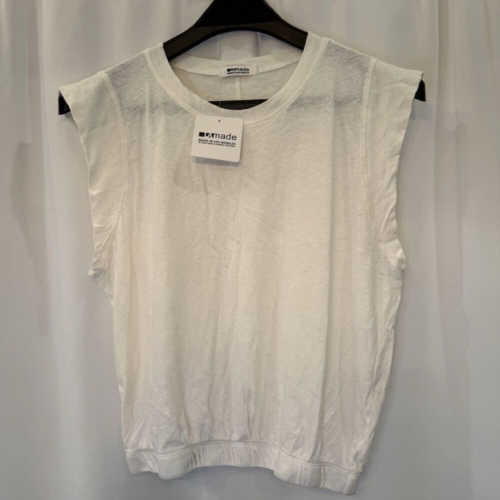 LAmade Muscle Tank Top Women XS Ivory Linen Cotton Blend Elastic Hem Made in USA